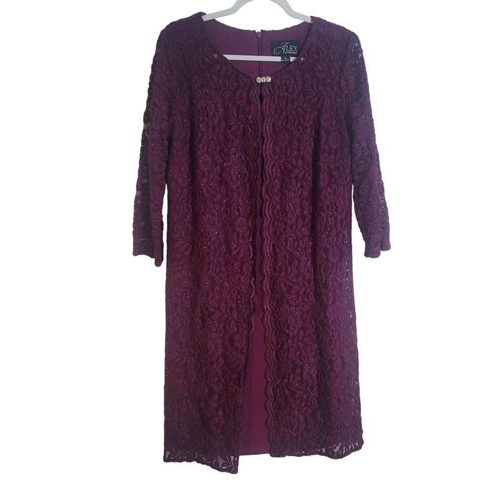 Alex Evenings Purple Lace Glitter Open Front Jacket Dress Women's Size 10 Formal